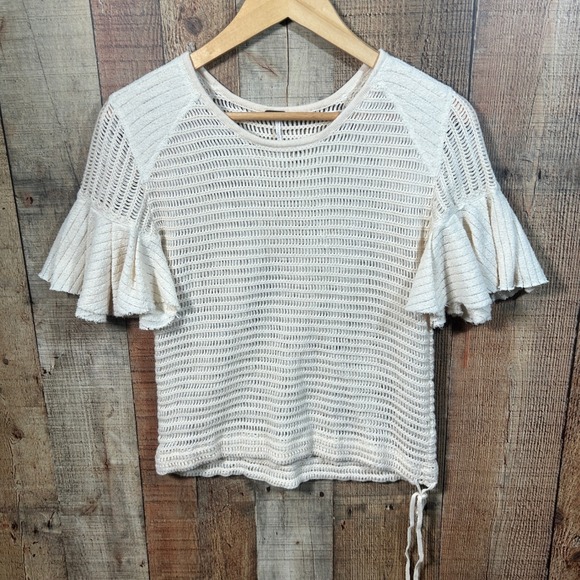 Free People Tops - Free People Babes Only Cream Open Knit Ruffle Sleeve Sweater Top Medium Boho